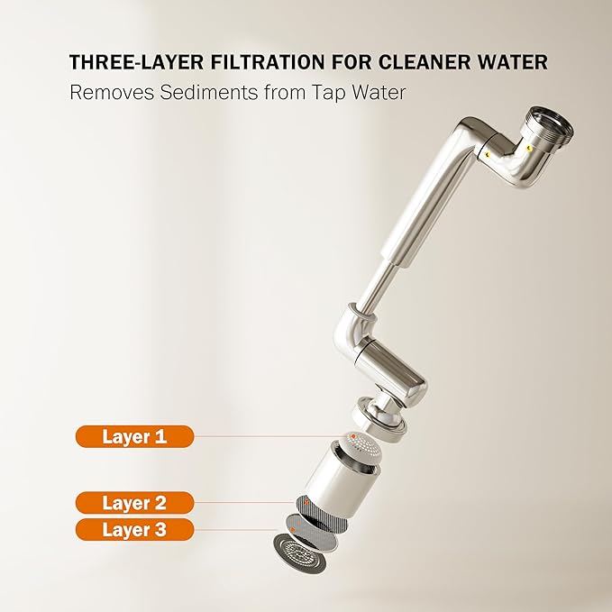 Frizzlife 1440° Swivel Faucet Extender Sink Aerator, 3-Mode Sprayer Water Filter Extension, 1080° Robotic Arm + 360° Rotating Universal Tap Attachment For Bathroom/Kitchen ＆ Washing Hair/Face/Kids Use
