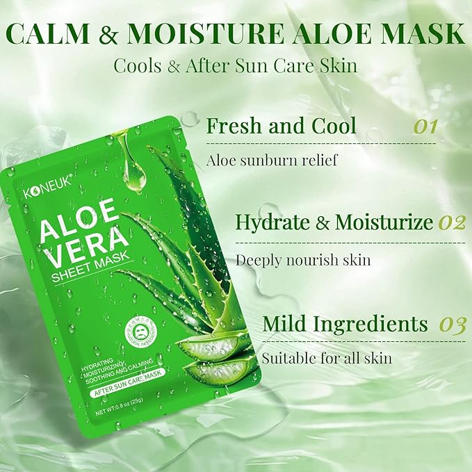 12 Pack Aloe Vera Face Masks Skincare, Sheet Aloe Hydrating Face Mask for Sunburn Relief and After Sun Care, Bulk Aloe Vera Face Mask for Spa Party Gifts-FlexoryFit