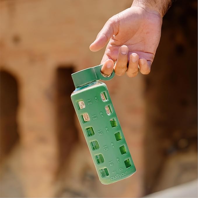 purifyou 40oz / 32oz / 22oz / 12oz Borosilicate Glass Water Bottle with Time & Volume Markers, Silicone Sleeve, Stainless Steel Lid | Reusable Glass Bottle for Water & Juice (12oz Shale Green)