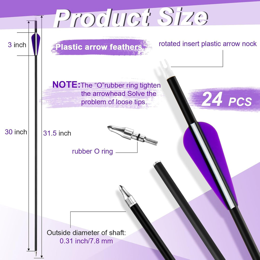 24 Pcs 31.5 Inch Arrows for Compound Bow Hunting Arrows Carbon Arrows with 3 Inch Plastic Arrow Feathers and Removable Tips 500-600 Spine Archery Target Arrows for Recurve Bow