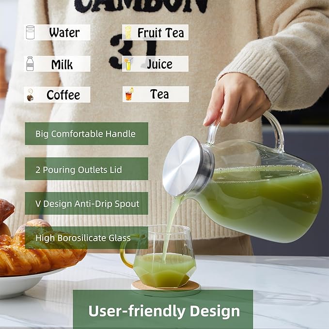 Karafu 68 Oz/2 Liter Glass Pitcher with Lid, Heat Resistant Water Jug for Hot/Cold Water, Ice tea and Juice Beverage