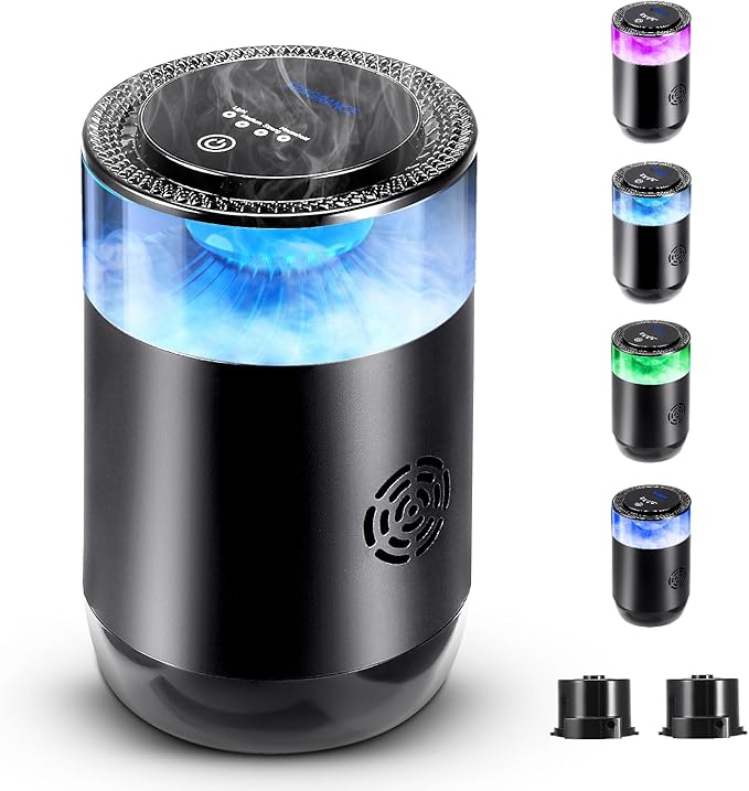 Smart Car Air Freshener Car Air Diffuser with Beautiful Cloud Mist Effect, Auto On/Off, 2 x Perfumes Refills (Osmanthus & Oceann), 900mAh Battery, 4 Modes, Ambiance Light Car Fragrance Diffuser
