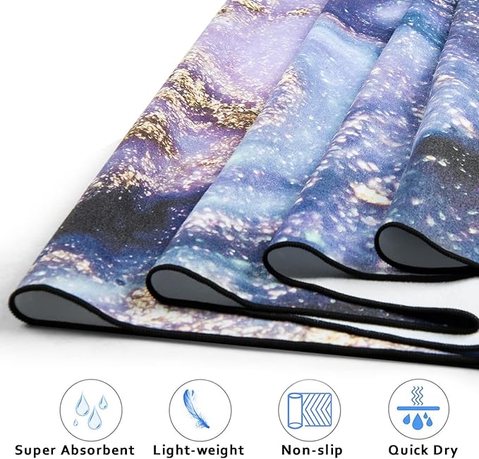 QiyI Yoga Mat Towel with Corner Pockets, Non Slip Sweat Absorbent Hot Yoga Towels, Soft Yoga Blankets with Travel Bag, Skidless Mat Cover for Workout, Gym, Fitness - 74"x26", Purple Gold Marble-FlexoryFit