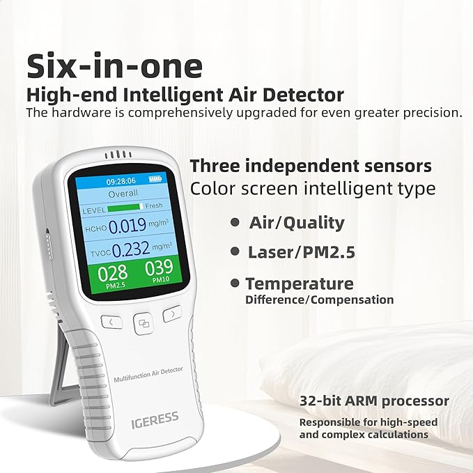 Air Quality Monitor Indoor, 5 in 1 Formaldehyde Detector, voc Meter, Detect Indoor HCHO,TVOC,AQI,PM2.5,PM10. Colorful LCD Screen & USB Charging