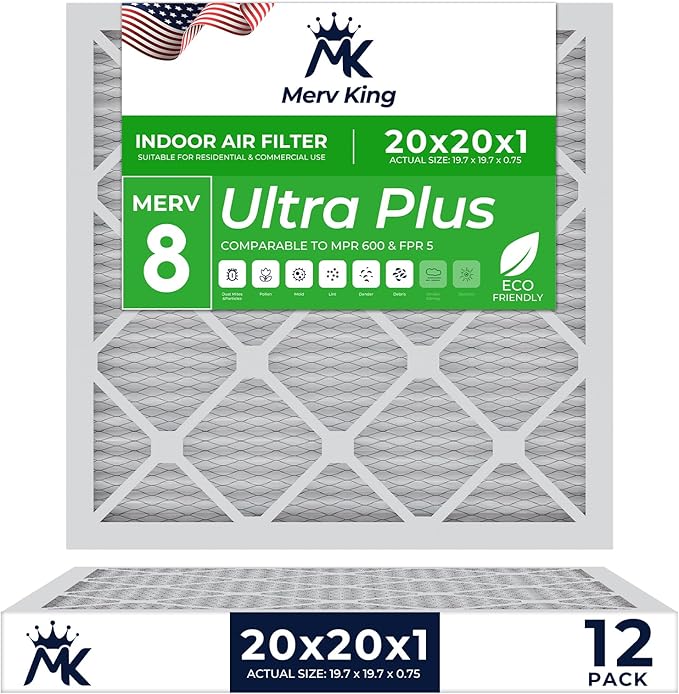 MervKing 20x20x1 Air Filter Actual Size: 19.7" x 19.7" x 0.75" MERV 8 MPR 600-700 | MADE IN USA | 12-Pack | Pleated HVAC AC Furnace Replacement