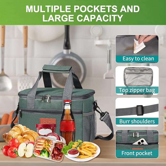 iknoe Large Foldable Cooler Bag, 8.5L Insulated Lunch Bag, Leakproof Lunch Cooler Tote with Multi-Bag Design Suitable for Beach, Picnic and Office Use, Grayish Green 15-Can-FlexoryFit