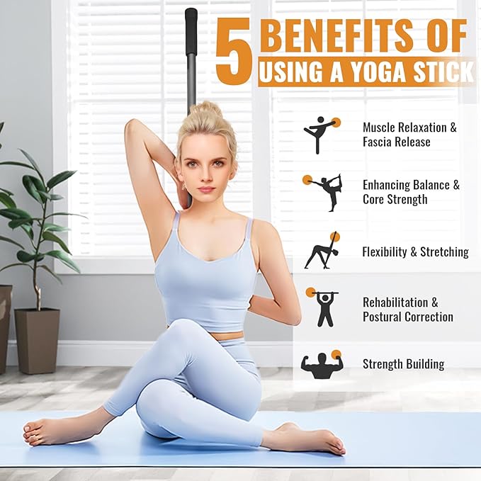 Yoga Stick 5ft Mobility Stick, Sturdy Steel Exercise Bar Adjustable Stretching Stick for Mobility, Training, Flexibility and Balance, Versatile Stretch Bar with 4 Steel Rods & Foam Handles-FlexoryFit