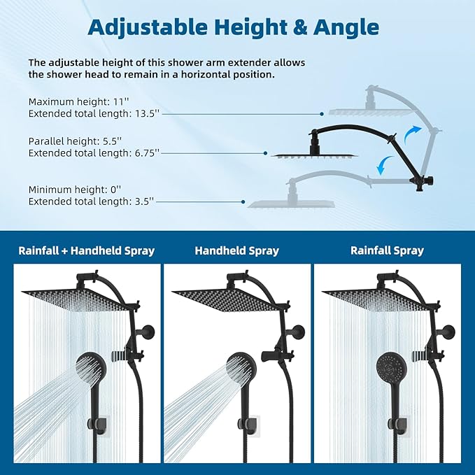 Hibbent All Metal Shower Head, 12'' High Pressure Rain Shower Head/Handheld Showerhead Combo with 16'' Adjustable Arc-shaped Extension Arm, 10 Sprays, 71'' Hose, Showerhead Holder, Matte Black