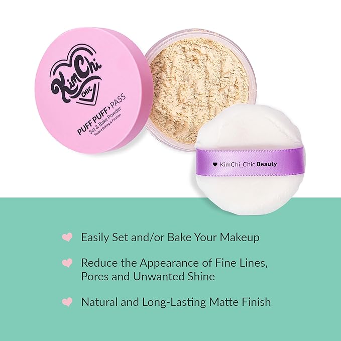 Kimchi Chic Beauty Puff Puff Pass Set and Bake Setting Powder for Makeup, Extra Fluffy Loose Face Powder Poof, Soft Natural Face Makeup for Uneven Skin Tone, 02 Banana-FlexoryFit