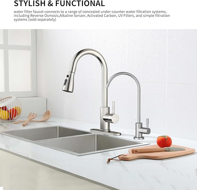 Kitchen Sink Faucet with Pull - Down Sprayer, 2 - Handle 3 - in - 1 Kitchen Sink Filter Faucet, Cold and Hot Mixer Drinking Water Faucet (Brushed Nickel-01)