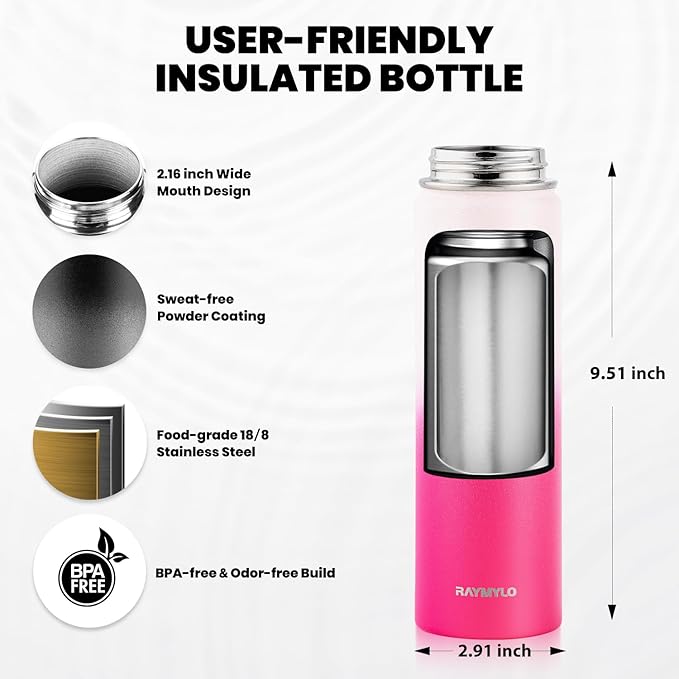 Insulated Water Bottle 20 oz, Triple Wall Vacuum Stainless Steel (Cold for 48 Hrs), Leak Proof & Non-BPA, Kids Water Bottle Jug for School with Straw Spout Lids, Ombre Pink-FlexoryFit