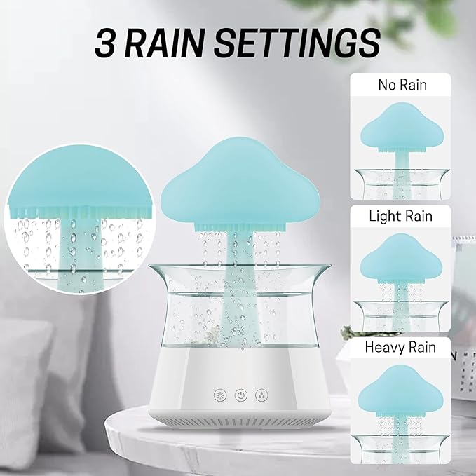 Rain Cloud Humidifier Water Drip - Mushroom Aroma Diffuser, Essential Oil Diffusers, 300ml White Noise Aromatherapy Diffusers with 7 Colors Cloud Lights for Home, Large Room, Office - White