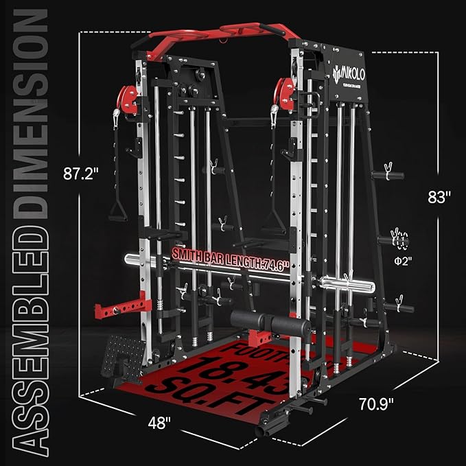 Mikolo Smith Machine, 2200lbs Squat Rack with LAT-Pull Down System & Cable Crossover Machine, Training Equipment with Leg Hold-Down Attachment-FlexoryFit