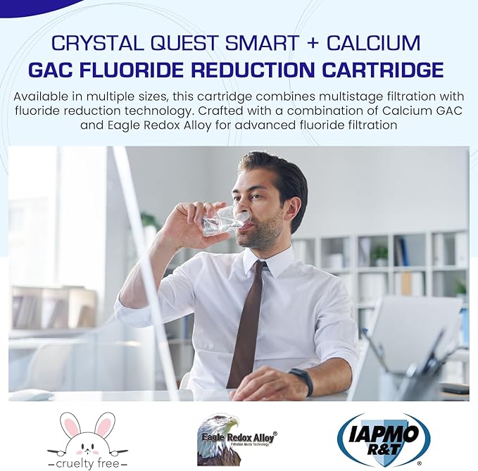 Crystal Quest SMART + Calcium GAC Fluoride Reduction Water Filter Cartridge - 1 Micron - Coconut Shell GAC - Eagle Redox Alloy - Reduces Fluoride & Contaminants - 4-5/8” x 9-3/4”