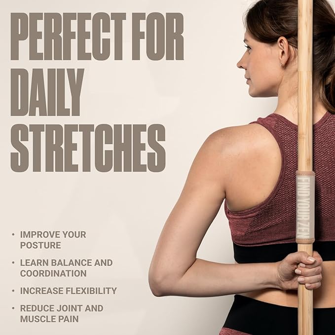 SportBit Bamboo Yoga Stick with Neck Pillow - Collapsible and Portable 5.1FT Mobility Stick and Exercise Stick - Fully Adjustable Yoga Accessories Perfect for Stretching, Posture Correction, Balance-FlexoryFit