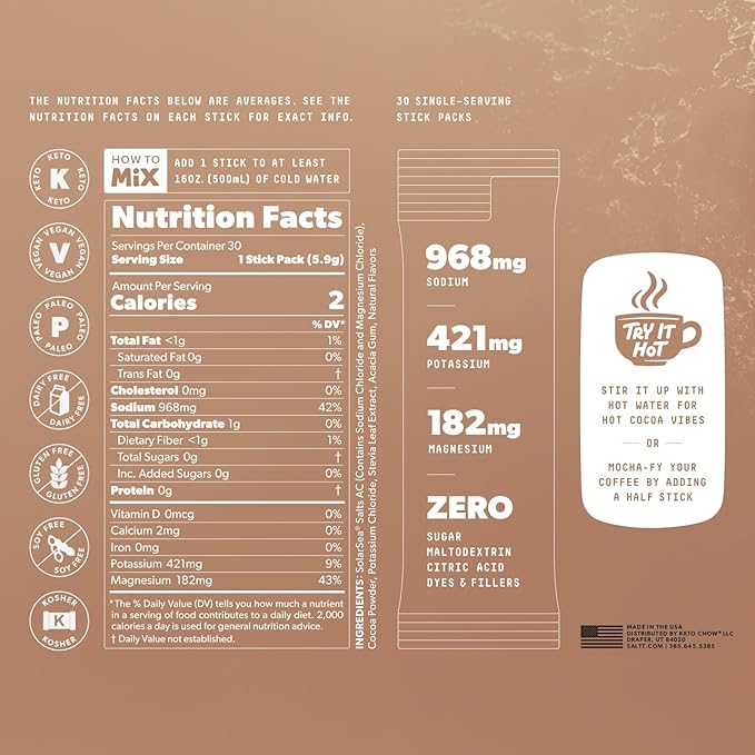 Keto Chow SALTT Electrolytes Powder Packets, Cocoa Variety Pack (30 Packets) - Magnesium, Potassium, Sodium, Trace Minerals - Vegan, Sugar Free, Gluten Free - Travel Essentials - Made in USA-FlexoryFit