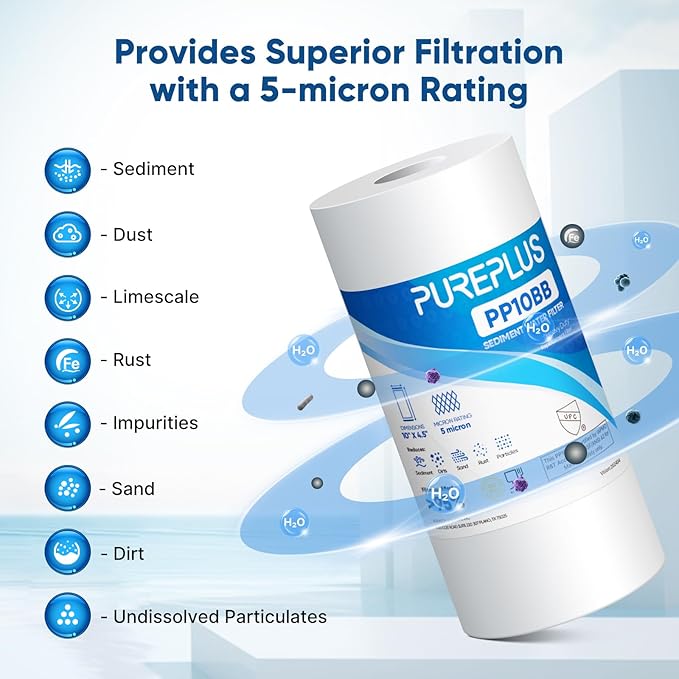 PUREPLUS 5 Micron 10" x 4.5" Whole House Sediment Home Water Filter Replacement Cartridge for Culligan RFC-BBSA, HD-950, WFHD13001B, W15-PR, GXWH30C, GXWH35F, Aqua-Pure AP817, PP10BB, 3PACK