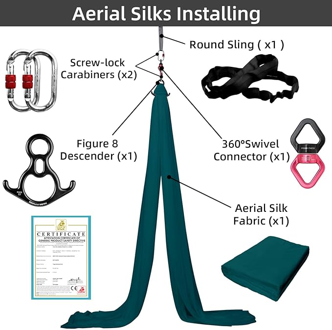 PRIOR FITNESS Aerial Silks Kit Colorful 9/15/20 Yards 40D Nylon Fabric Hammock Set With Hardware & Guide for All Levels Of Aerial Yoga Practice and Acrobatic Flying For Adults Aerial silk-FlexoryFit