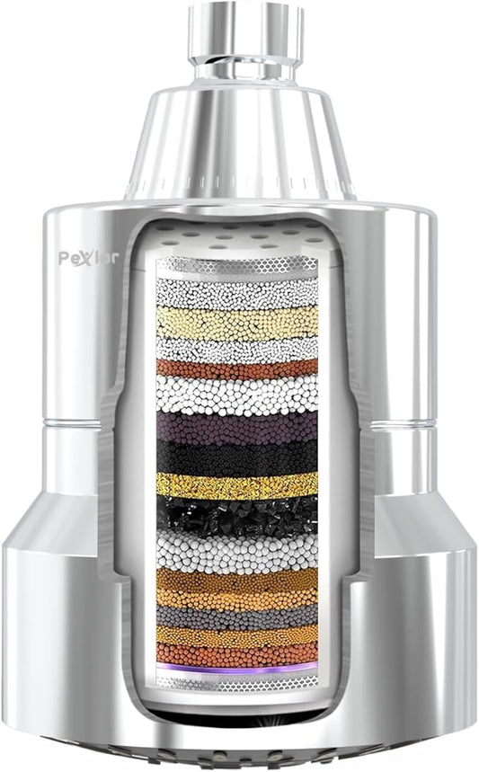 Multi Stage Shower Head Filter for Hard Water, Shower Water Filter for Removing Chlorine and Fluoride, Hard Water Shower Filter Improves on Skin, Hair and Nails, Polished Chrome - 3 Spray Mode