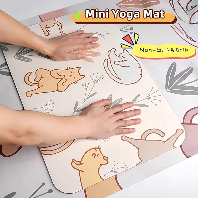Mini Yoga Mat with Playful Cat Design, Yoga Knee Pads,Double-Sided Non-Slip, Meditation,Exercise Mat for Women&family use,White-FlexoryFit
