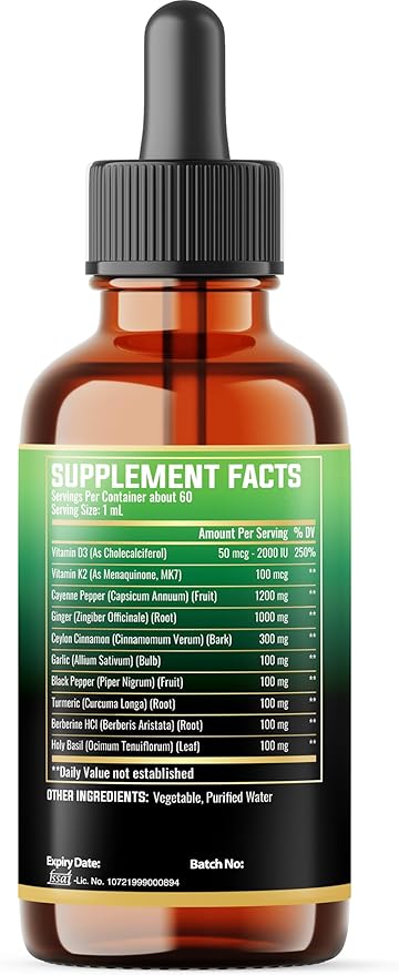 10in1 Cayenne Pepper Liquid Drops + Ginger, Ceylon Cinnamon, Vitamin D3, Vitamin K2, Garlic, Black Pepper and More - Digestion Support - 2 Fl Oz - 2 Months Supply-FlexoryFit