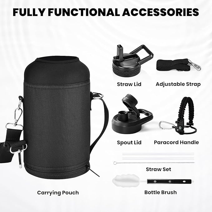 Insulated Water Bottle 64 oz, Triple Wall Vacuum Stainless Steel (Cold for 48 Hrs), Leak Proof & Non-BPA, Half Gallon Water Flask Jug with Paracord Handle & Straw Spout Lids, Magic Black-FlexoryFit