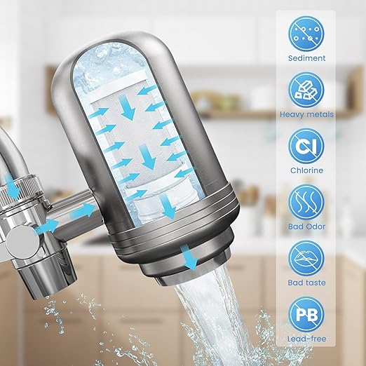 Faucet Water Filter for Sink, Rapid Flow - 400 Gallons Faucet Mount Water Filtration System for Tap Water, NSF Certified Reduces Chlorine (Grey-T2-1 Filter)