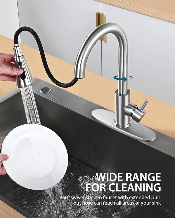 Kitchen Sink Faucet with Pull Down Sprayer with Deck Plate, Brushed Nickel High ArcFaucet, Stainless Steel Modern RV Bar Sink Faucets for Pot Filler, Farmhouse Camper Bar Laundry Room