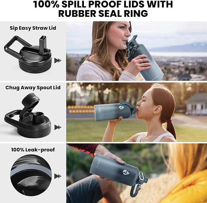 Insulated Water Bottle 87 oz, Triple Wall Vacuum Stainless Steel (Cold for 48 Hrs), Leak Proof & Non-BPA, Modern Water Flask Jug with Paracord Handle & Straw Spout Lids, Dark Grey-FlexoryFit
