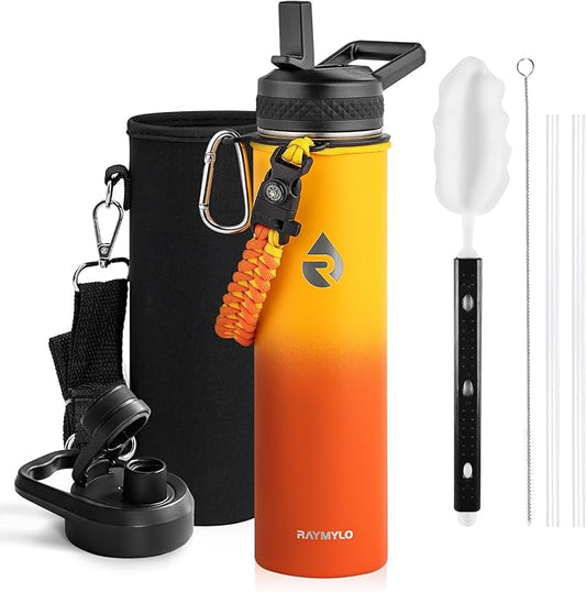 Insulated Water Bottle 24oz, Triple Wall Vacuum Stainless Steel (Cold for 48 Hrs, Hot for 24Hrs), Leak Proof & Non-BPA, 24oz Hydro Water Flask with Paracord Handle & Straw Spout Lids-FlexoryFit
