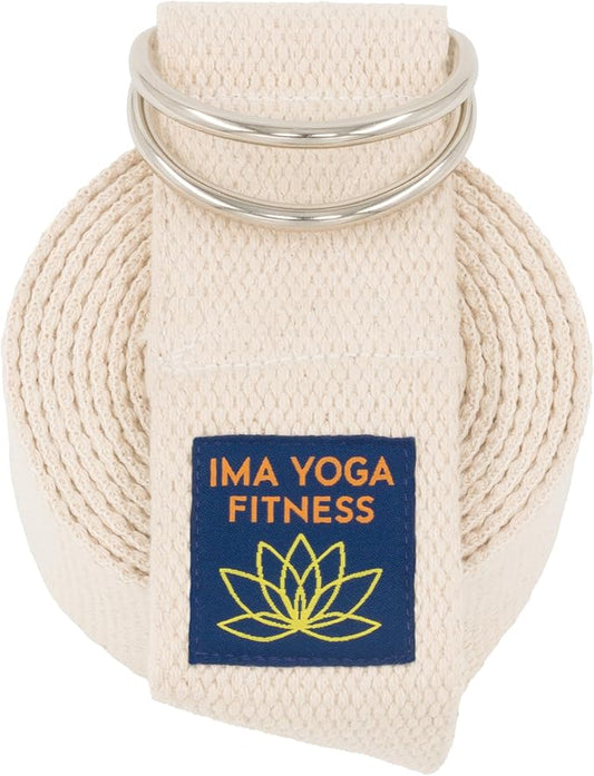 Adaptive Yoga Strap, Stretching Strap, 2 Inches Wide, 100% Naturally Soft Cotton, Steel D-Rings, Includes Natural Cotton Drawstring Storage Pouch and Instructional E-Book-FlexoryFit