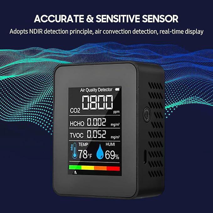 Prefessionall Indoor Air Quality Monitor, 5 in 1 Portable Smartair Quality Tester for CO2 | TVOC | HCHO | Temp | Hum for Home Cars Plants and Pets So On (Black)