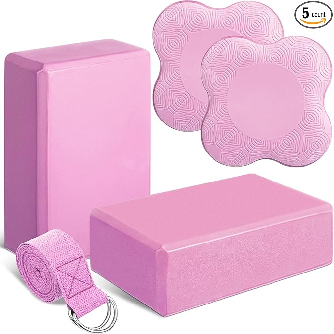 5 Pcs Yoga Blocks Knee Pads Yoga Strap Set Soft Premium Foam Blocks Accessories for Pilates Meditation General Fitness Stability, Kneeling, Balance, Deepen Stretches and Toning-FlexoryFit