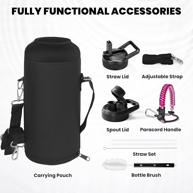 Insulated Water Bottle 87 oz, Triple Wall Vacuum Stainless Steel (Cold for 48 Hrs), Leak Proof & Non-BPA, Modern Water Flask Jug with Paracord Handle & Straw Spout Lids, Ombre Pink-FlexoryFit