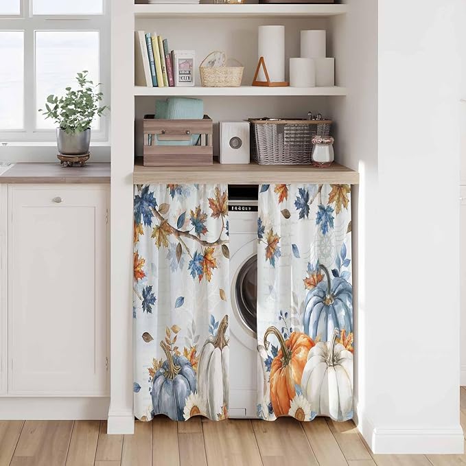 Fall Blue Maple Kitchen Curtains 45 Inch Long 2 Panel Set, Rod Pocket Window - Image 7