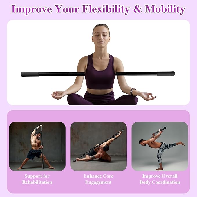 5ft Yoga Stick - Sturdy Steel Adjustable Stretching Stick for Mobility,Flexibility & Balance | Non-Slip Ends & Foam Handles | Exercise Pole for Fitness,Physical Therapy,Posture Correction-FlexoryFit