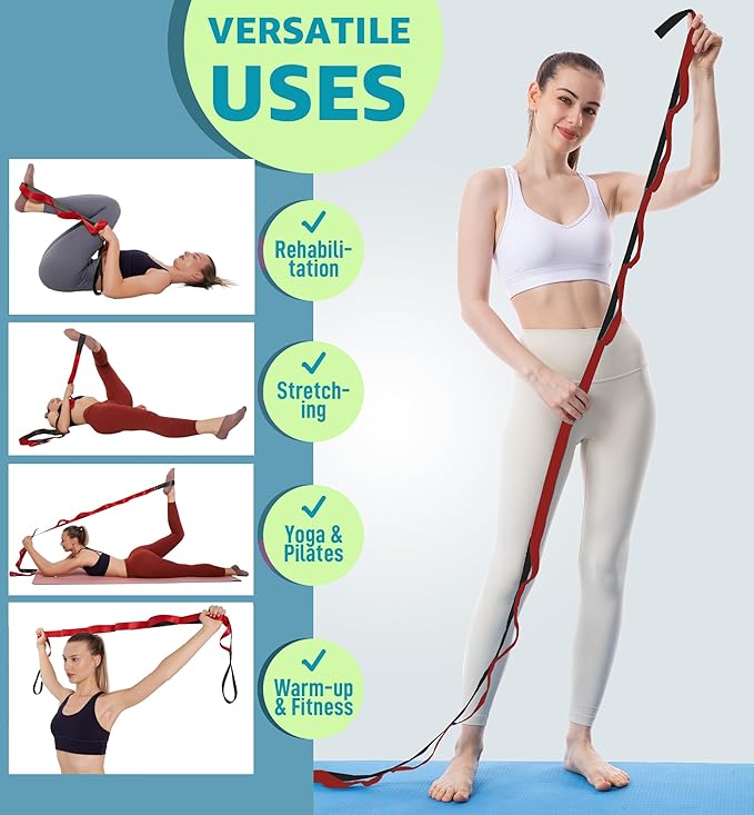Gradient Fitness Therapy Stretching Belt, 12 Circle Multi Ring Stretching Belt (1.5 inches wide x 86.6 inches long), Therapy Equipment, Yoga Stretcher Strap,Leg Stretcher. Equipped with arch foot pads and pointed massage balls(RED)-FlexoryFit