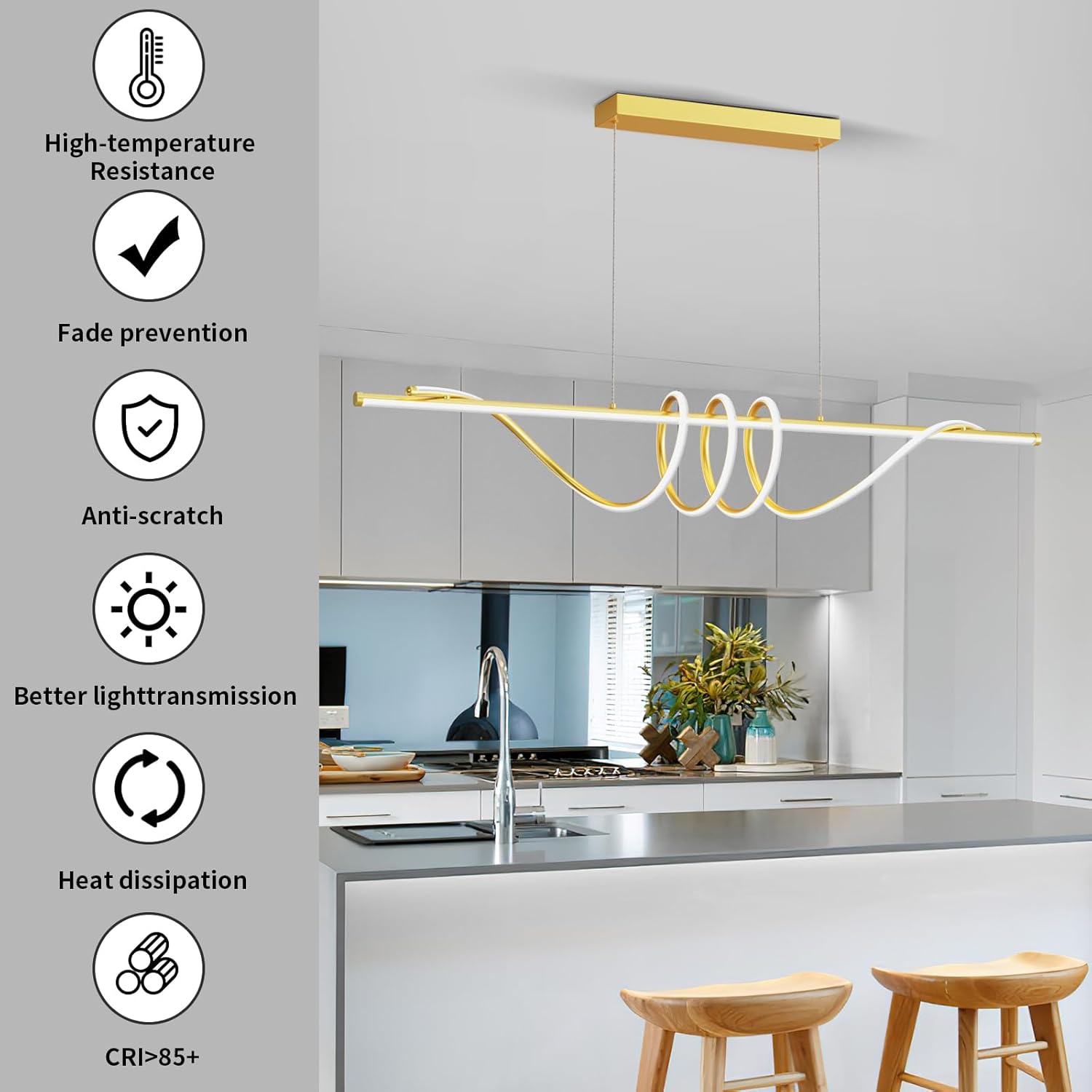 Modern LED Pendant Lights Kitchen Island, 57in Gold Chandelier Dimmable with Remote Control 3000k-6000K Adjustable, Aluminum Island Lighting Lamp Fixture for Kitchen, Dining Room