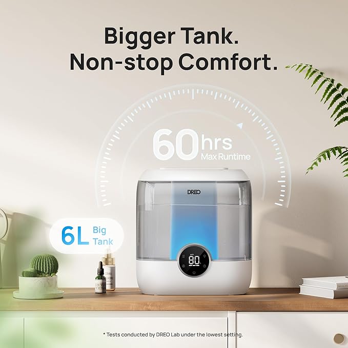 Dreo 6L Humidifiers for Bedroom, Quiet Supersized Cool Mist Ultrasonic Humidifier with Diffuser, 60 Hour Runtime for Home, Nursery, Plant, Gray