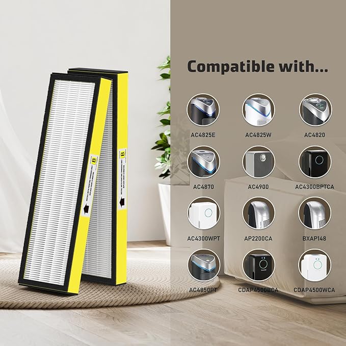 6 Packs FLT4825 HEPA Replacement Filter B & 2 Replacement Bulb Compatible with AC4825 AC4300 AC4800 AC4900 AC4850, Part No# FLT4825, LB4000