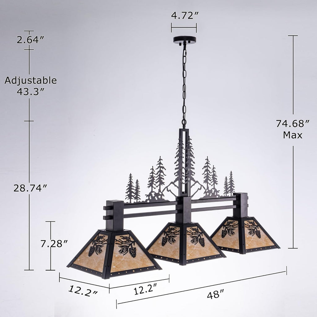 TOCHIC 3-Light Pool Table Light for 7' 8' 9' Table, 48" Rustic Tiffany Billiard Pool Table Lights, Farmhouse Chandelier for Dining Room Hanging Ceiling Light Fixture for Game Room Basement Bar