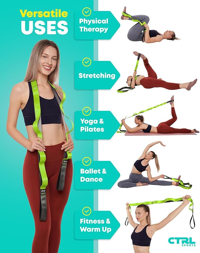 Stretching Strap with Loops - Non Elastic Stretch Band for Physical Therapy, Yoga Strap for Stretching Equipment, Stretch Bands for Exercise and Flexibility - Fascia, Hamstring & Leg Stretcher Belt-FlexoryFit