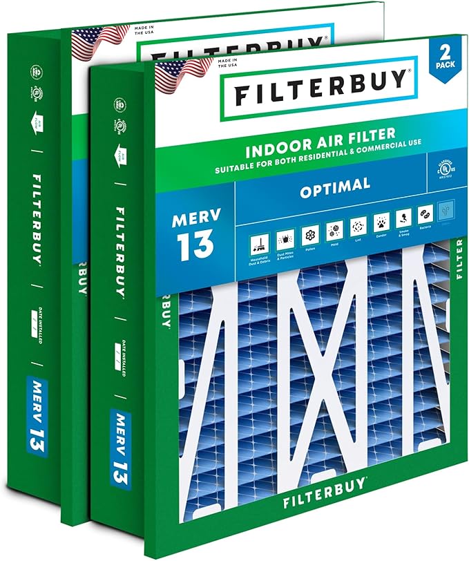 Filterbuy 20x25x5 Air Filter MERV 13 Optimal Defense (2-Pack), Pleated HVAC AC Furnace Air Filters Replacement for Honeywell Return Grille (Actual Size: 18.38 x 23.38 x 3.69 Inches)