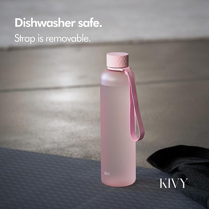 KIVY Slim Water Bottle 32oz [Lightweight & Shatterproof] Fits Backpack & Cupholder for Travel, Sports, School, Gym - Rose gold, Pink bottle no straw - Gym water bottle for women - Dishwasher Safe-FlexoryFit