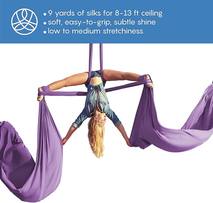Aerial Silks Starter Kit - Durable 9 Yards of Aerial Yoga Hammock with Hardware & Guide - Aerial Swing for Acrobatic Flying Yoga & All Levels (Aerial Rigging Point Up to 13ft)-FlexoryFit