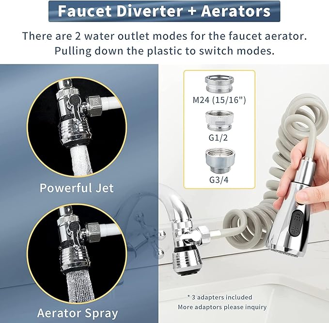 CECEFIN Kitchen Sink Sprayer Hose Attachment for Faucet, Kitchen Faucet Head Replacement w/ 79" Recoil Hose and Holder, Pressurized Water Saving Aerator & Diverter Valve, Faucet Sprayer Attachment Set