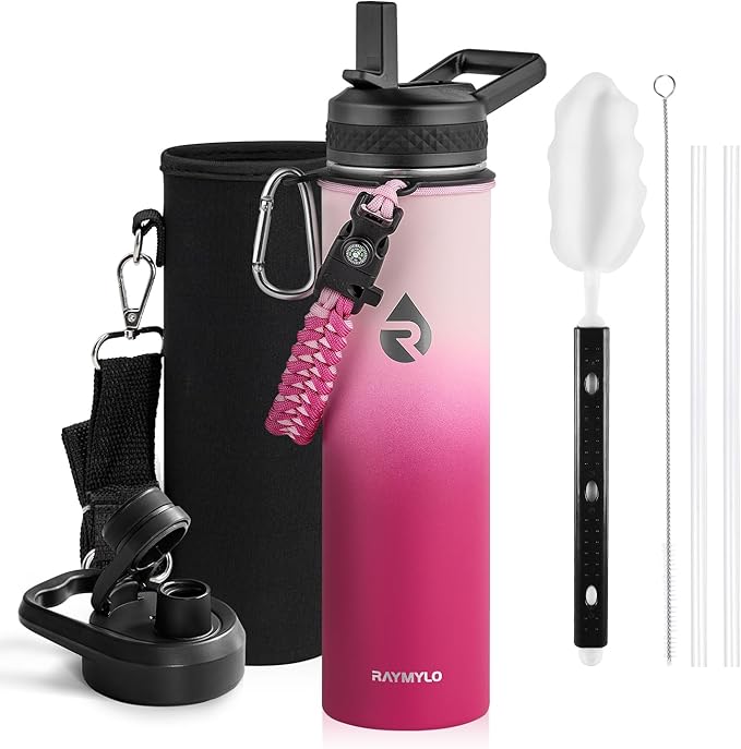 Insulated Water Bottle 24oz, Triple Wall Vacuum Stainless Steel (Cold for 48 Hrs, Hot for 24Hrs), Leak Proof & Non-BPA, 24oz Hydro Water Flask with Paracord Handle & Straw Spout Lids-FlexoryFit