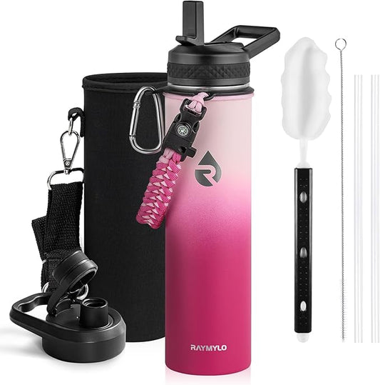 Insulated Water Bottle 24oz, Triple Wall Vacuum Stainless Steel (Cold for 48 Hrs, Hot for 24Hrs), Leak Proof & Non-BPA, 24oz Hydro Water Flask with Paracord Handle & Straw Spout Lids-FlexoryFit