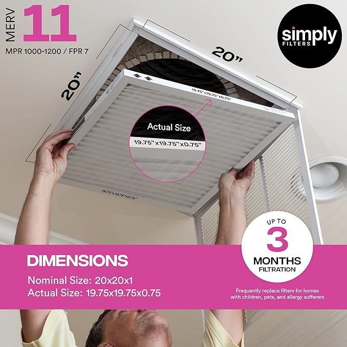 Simply 20x20x1 Air Filter, Merv 11, MPR 1000, 4 Pack, For Home AC Furnace & HVAC (Actual Size: 19.75"x19.75"x0.75") DUST, Pet, & Allergy Control