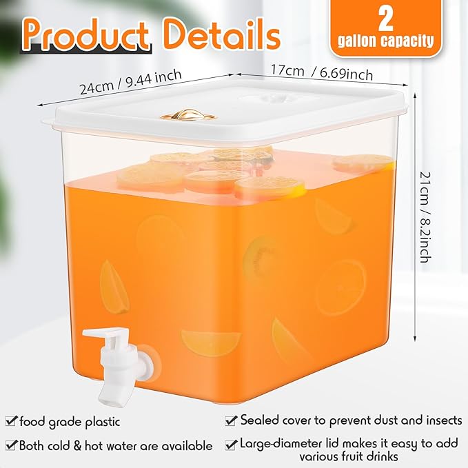 Domensi 10 Pack 2 Gallon Drink Dispenser for Fridge with Spigot Water Dispenser Leak Proof Lids Filter Screen Beverage Juice Container Sealed Plastic Lemonade Milk Cold Hot Drink Tea Jug for Party